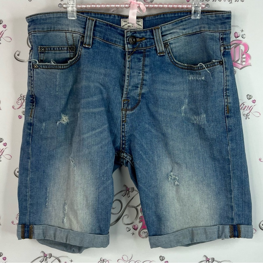 Only & sons shorts distressed rips pockets Men's Blue Denim Shorts